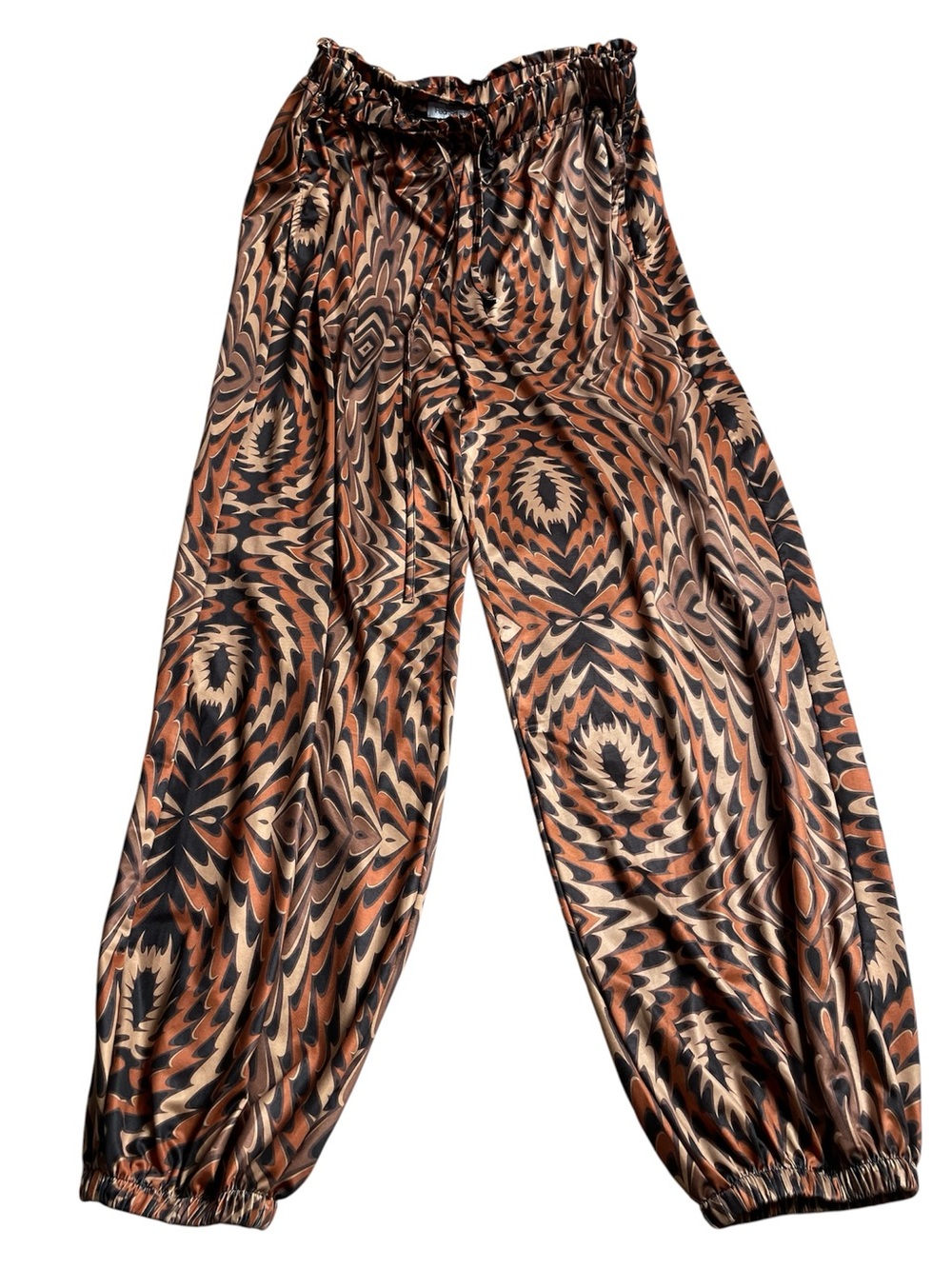 iHeartRaves Brown and Black Swirl Print Wide Leg Satin Joggers